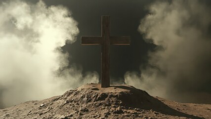 A Wooden Cross Stands on a Mound of Earth Under a Sky Shrouded in Cloudy Mist