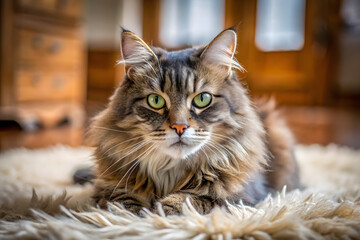 Majestic longhair cat resting on fluffy rug