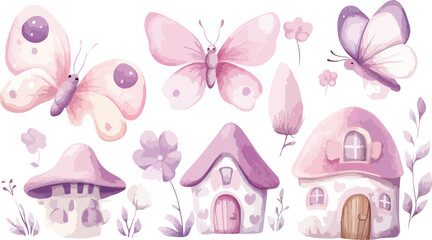 Watercolor Illustration of Fairy Houses Butterflies and Flowers in Pastel Pink and Purple on a White Background Perfect for Children s Designs