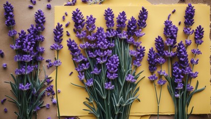 Bundles of lavender flowers with green leaves arranged on yellow paper background.