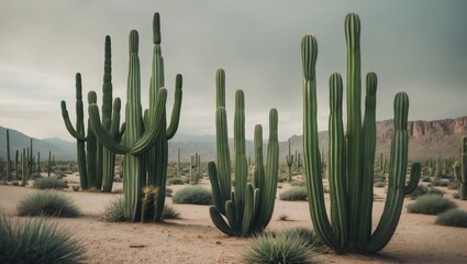 Desert landscape with tall cacti and sparse shrubbery under a cloudy sky.