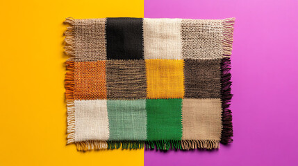 Colorful woven blanket on vibrant background, showcasing texture and warmth. Perfect for home decor and cozy living environments.