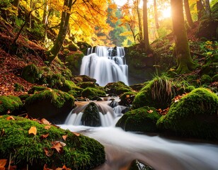 Fototapeta premium Autumn waterfall in a mossy forest