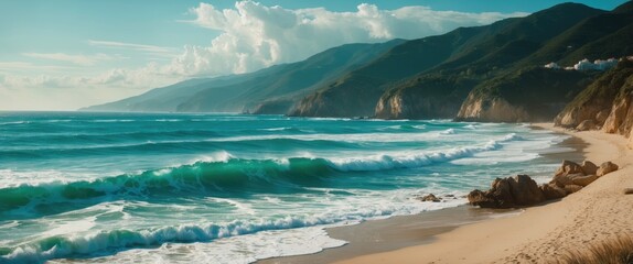 Coastal landscape with waves crashing on sandy beach and mountain range in the background. Nature scenery, ocean view, and shoreline.