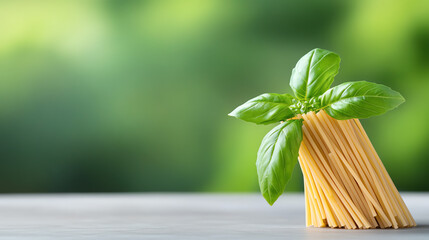 Fresh basil leaves complementing a bundle of spaghetti create a vibrant and appetizing culinary scene.