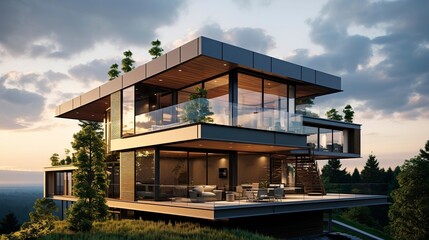 A photo of a modern house with a glass balcony