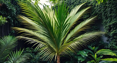 Lush tropical plant with large fan-shaped leaves in a garden setting.