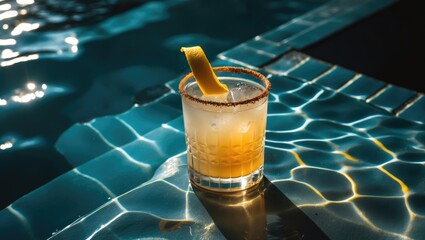 A refreshing drink with a lemon wedge on a glass, placed on the edge of a swimming pool with sunlight reflections. Summer beverage, leisure, and relaxation. The concept of poolside refreshment.