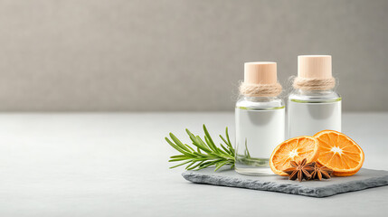 Two glass bottles of essential oils sit beside orange slices and fresh rosemary, creating a calming and aromatic ambiance.