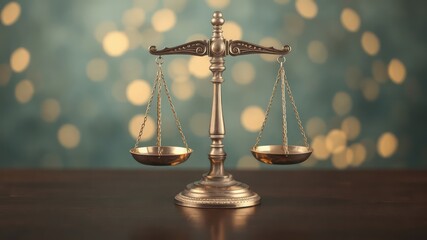 Scales of justice resting on a dark wooden surface with a soft, blurred background of golden light bokeh points