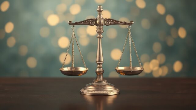 Scales of justice resting on a dark wooden surface with a soft, blurred background of golden light bokeh points