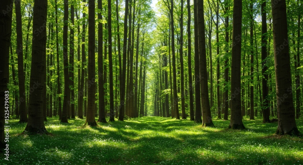 Aufkleber sunlight filtering through towering trees in lush green forest.