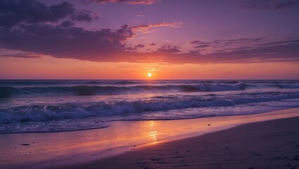 Fototapeta premium A sunset over the ocean with waves and colorful sky. Nature and landscape scene. The concept of beaches and serene environments.