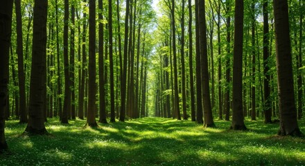 Obraz premium Sunlight Filtering Through Towering Trees in Lush Green Forest.