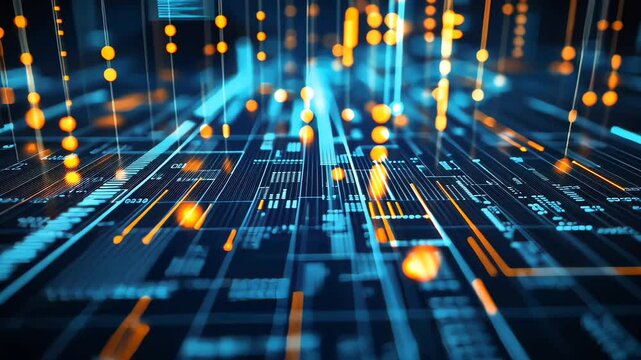 Futuristic digital circuit board glowing with data streams in blue and orange lighting
