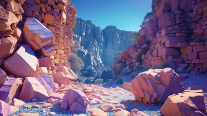 A rocky canyon with large boulders and cliffs under a clear sky, showcasing rugged terrain and natural formations.