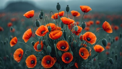 Obraz premium Bright orange poppies in a field with a blurred background.