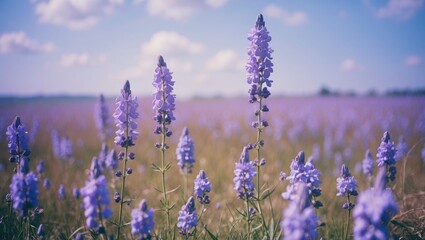 Lavender flowers in a field under a blue sky with clouds, peaceful scenery. Nature and floral landscape, summer season, vibrant colors, tranquil atmosphere.