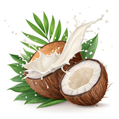 coconut with milk splash isolated on white background