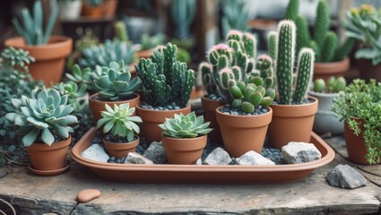 A variety of potted succulents and cacti arranged on a tray, with rocks and other potted plants in the background.