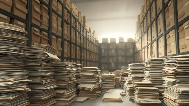 Warehouse filled with cardboard boxes and organized stacks of paperwork showcasing extensive documentation
