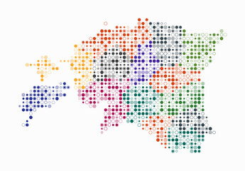 Obraz premium Estonia, shape of the country built of colored cells. Digital style map of Estonia on a white background. Small size circle blocks. Beautiful vector illustration.