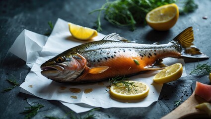 Fresh fish on paper with lemon slices and herbs.