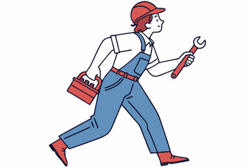 Worker running with wrench and toolbox, emergency repair, mobile maintenance, construction urgency, skilled labor, service on - the - go, engineering task, blue - collar speed, tool delivery, repair m