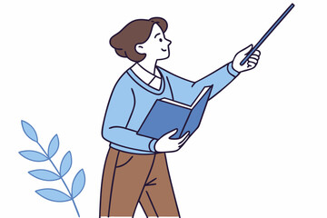 Person teaching with pointer and book, educational scene, teaching moment, knowledge sharing, classroom activity, educator role, study guidance, learning session, teacher figure, education.