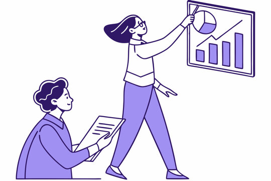 Two people in business presentation, chart explanation, report taking, professional meeting, business discussion, data analysis, work collaboration, office presentation, business meeting, report sessi