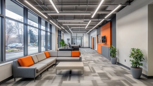 Bright, modern office interior with seating, windows, and architectural features