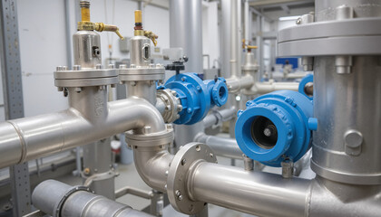 Industrial piping system with blue valves and metallic components  