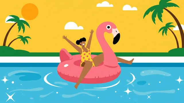 Woman floating joyfully on inflatable flamingo in swimming pool, seamless looping 4k time-lapse animation video background