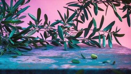 Olive tree branch with leaves and olives on a textured surface against a pink and purple background. Natural composition. Close-up of plant and fruit.