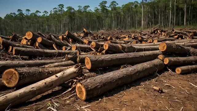 stack of logs in deforestation forest
