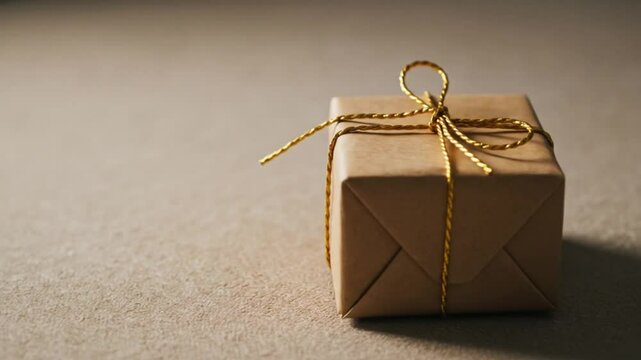 A small square gift wrapped in brown paper and tied with gold string sits on a textured beige surface