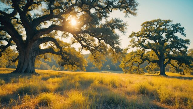 Sunlight filtering through large oak trees in a grassy field during sunset or sunrise. - Powered by Adobe