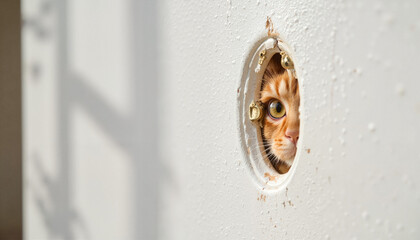 Cat peeking through a hole in a wall with curious expression  
