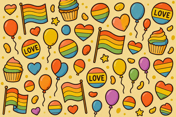 Vibrant illustration showcases various balloons, rainbow flags, hearts, and cupcakes, creating a festive atmosphere of love and celebration