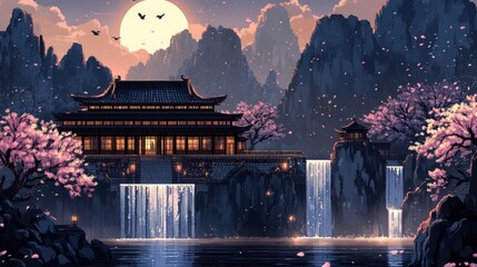 Serene nightscape depicting a grand temple nestled amidst cascading waterfalls and blossoming cherry trees, bathed in the soft glow of a full moon