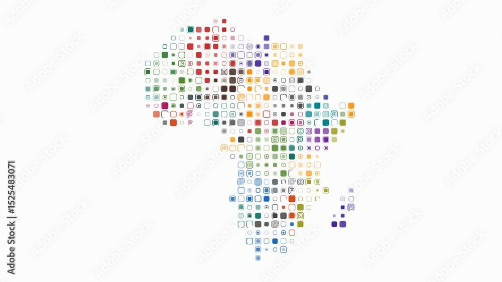 Poster africa dotted animation. shape of the continent build of pulsating colored dots. large size rounded 