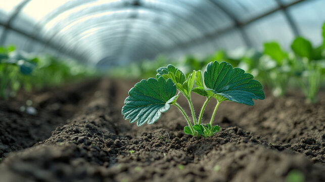 Inside a polytunnel, rows of vibrant green strawberry plants grow under translucent polyethylene plastic. A controlled environment for sustainable agriculture and fresh food cultivation. Bright natura