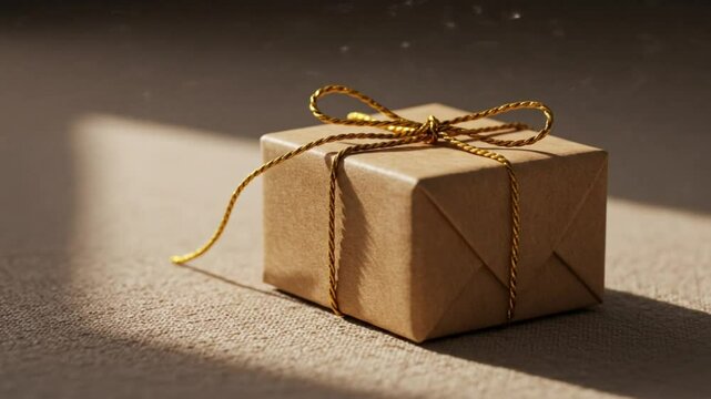 Close up of a small brown cardboard gift box tied with gold string on a textured surface in sunlight