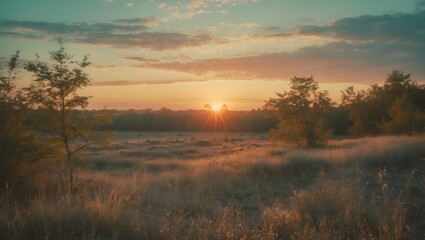 Sunrise over a natural landscape with trees and grass, capturing a peaceful morning scene.