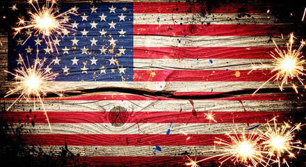 Weathered wooden background featuring American flag design with vibrant fireworks illuminating the scene, creating a celebratory mood