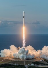 Rocket Launch Over Ocean at Dawn