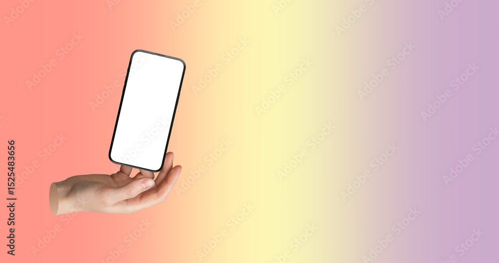 Poster hand holding smartphone with blank screen in colorful pastel gradient. modern digital device