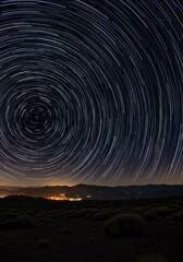 Fototapeta premium Circular Star Trails Over Desert Landscape at Night