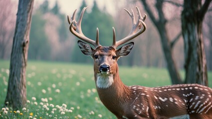 Naklejka premium Deer with antlers in a forest clearing during springtime. Nature and wildlife, animals. Forest environment and peaceful scenery. The concept of wildlife and natural habitat.