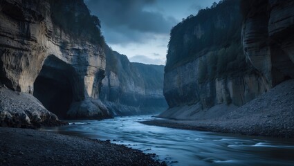 Deep canyon landscape with river flowing through rocky cliffs and caves. Nature and geological formations, scenic view. The concept of natural environments and geological features